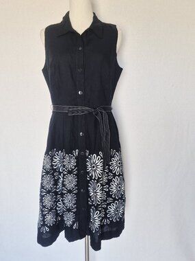 Oscar de la Renta Linen Daisy Embroidered Sleeveless Belted Shirt Dress Blue